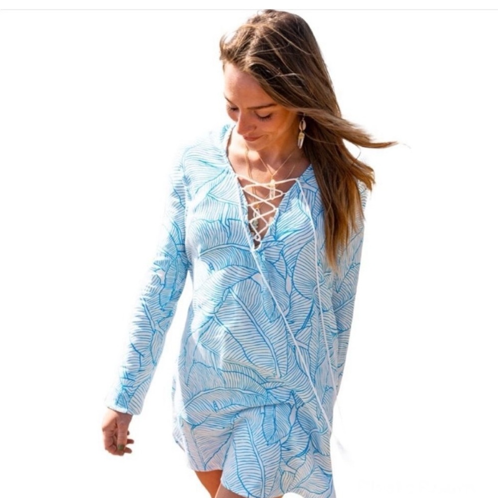 Charlie Holiday Swim Cover Lace Up Hoodie in Turquoise & White Leaf Print